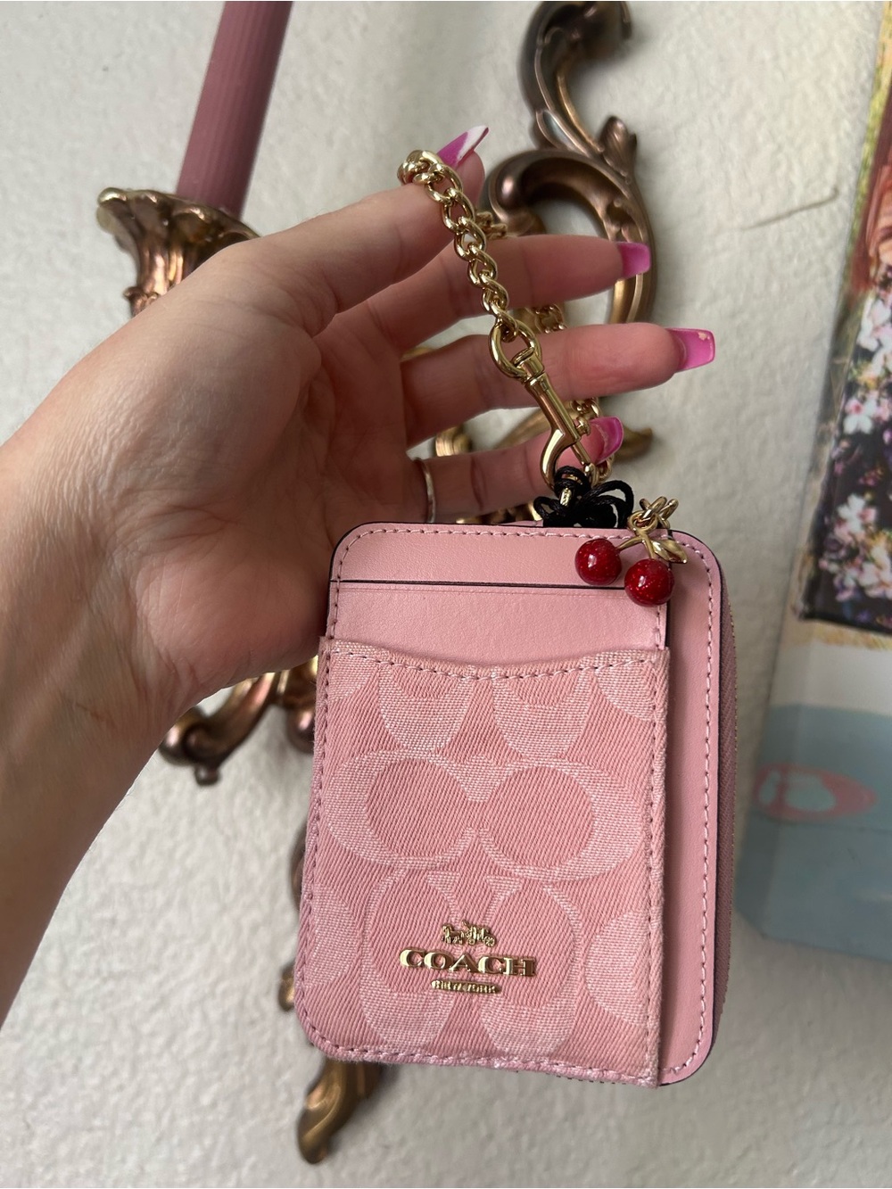 Coach Pink Signature Card Case with Cherry Charm and Gold Chain